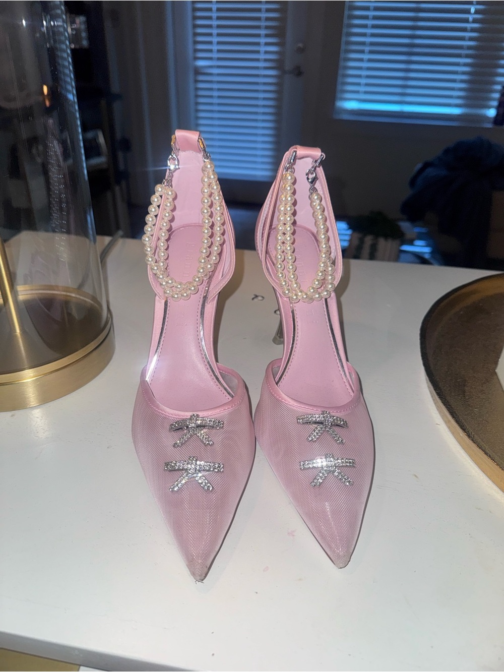 Gianni Bini Pink Pearl-Strap Pointed Toe Heels